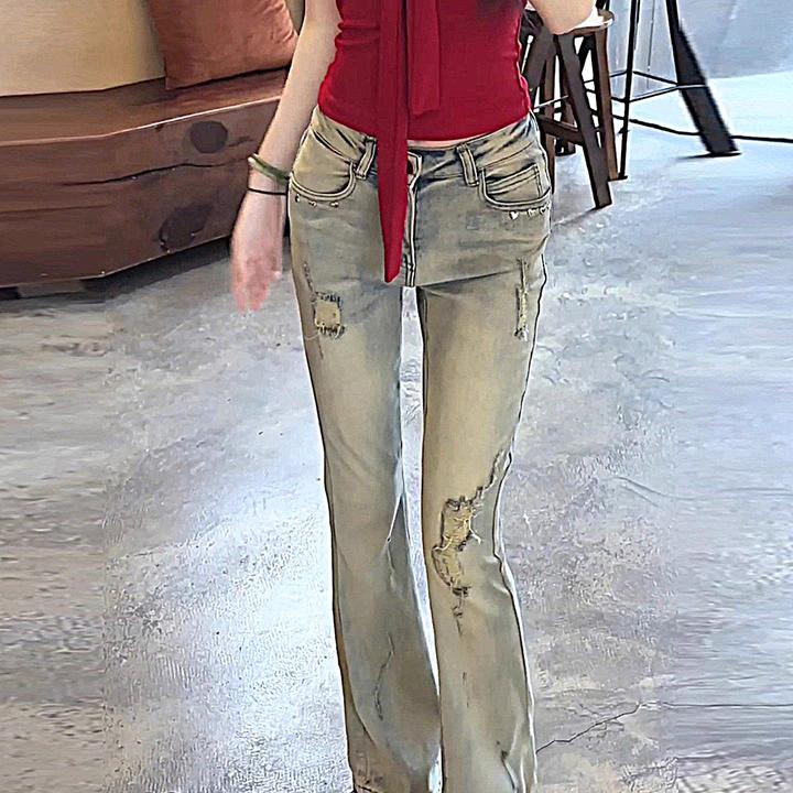 美式复古破洞微喇牛仔裤女2025年秋季新款高腰显瘦宽松垂感喇叭裤