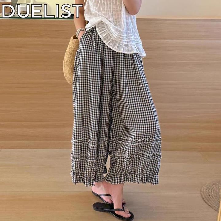 DUELIST时尚设计感格纹花边拼接休闲裤新夏季宽松休闲显瘦阔腿裤