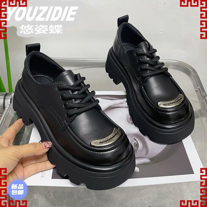 YOUZIDIE厚底乐福鞋女2025新款春秋真皮百搭金属扣单鞋增高黑色