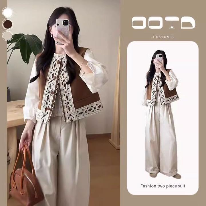 春季一整套穿搭女2025新款时尚小众咖色马甲长袖衬衫阔腿裤三件套