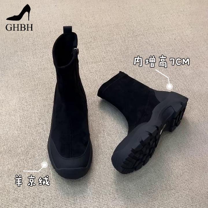 内增高小个子厚底弹力瘦瘦靴女新款复古百搭秋冬加绒保暖短靴