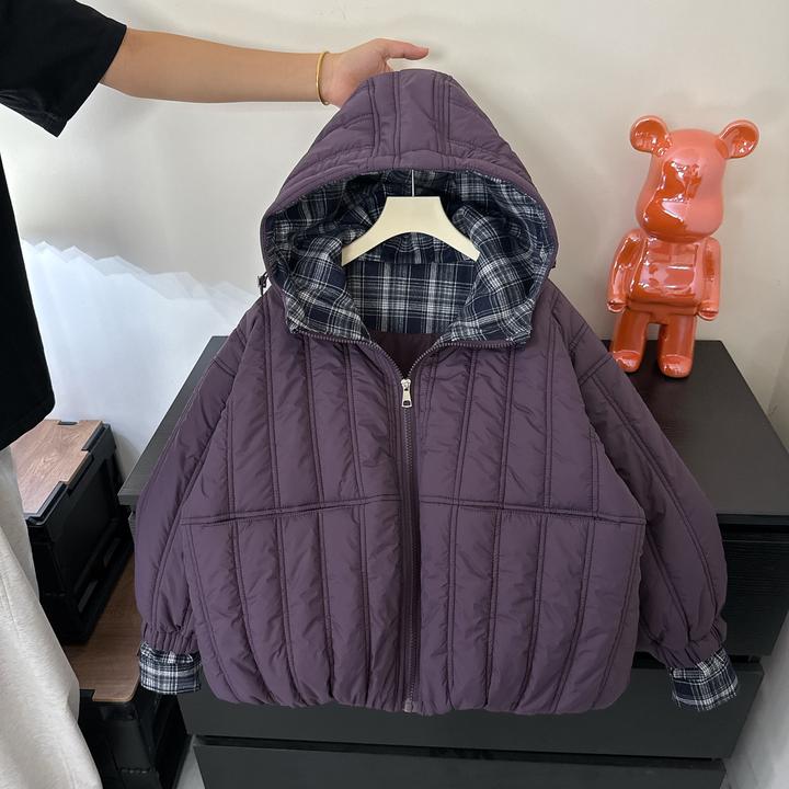 川度25375儿童连帽二棉冬季加厚外套格子秋冬装韩版洋气棉衣童装