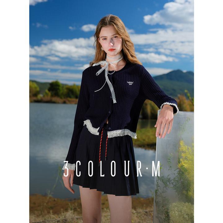 三彩2025春季新款花边拼接毛衣开衫圆领刺绣针织衫短款毛衫M