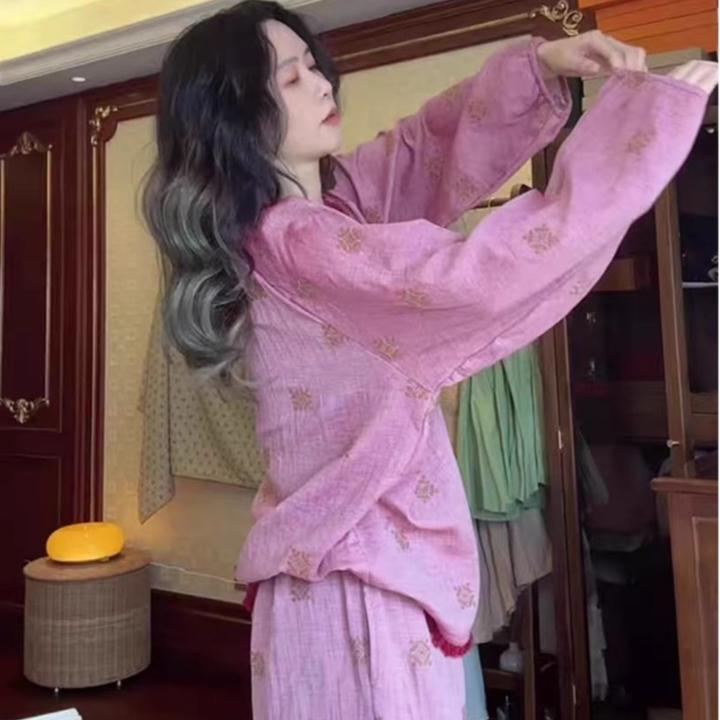 【DMXJ大梦想家】新中式复古慵懒睡衣女春秋宽松柔软舒适家居服套装