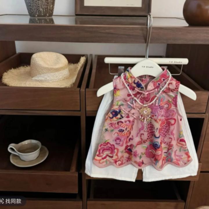 唐装女童套装2025新款洋气女孩夏季盘扣小童女孩古风新中式两件套