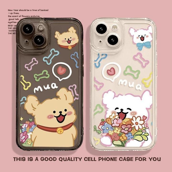 适用苹果16/15promax防摔iPhone14/13套情侣款送花小狗透明手机壳