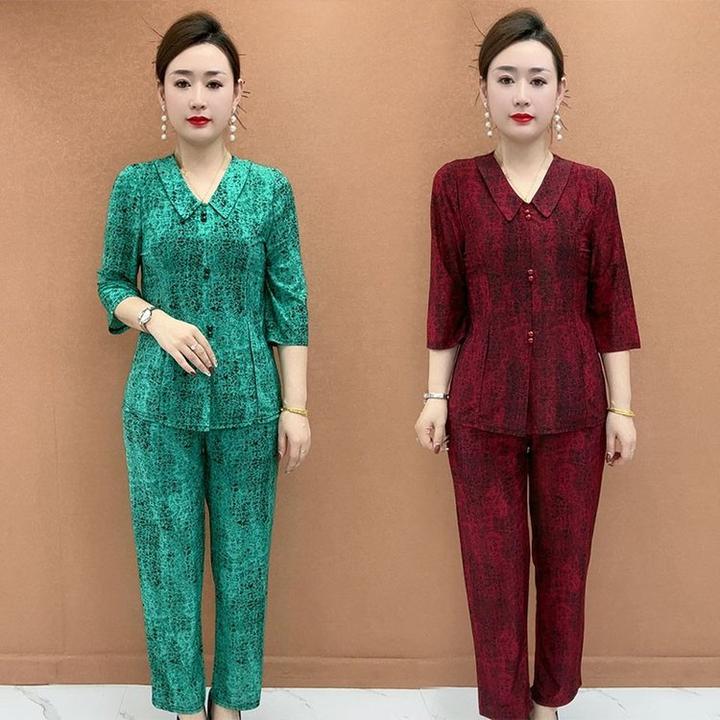 高品质中老年妈妈上衣阔腿裤两件套大码女装遮肉显瘦套装春