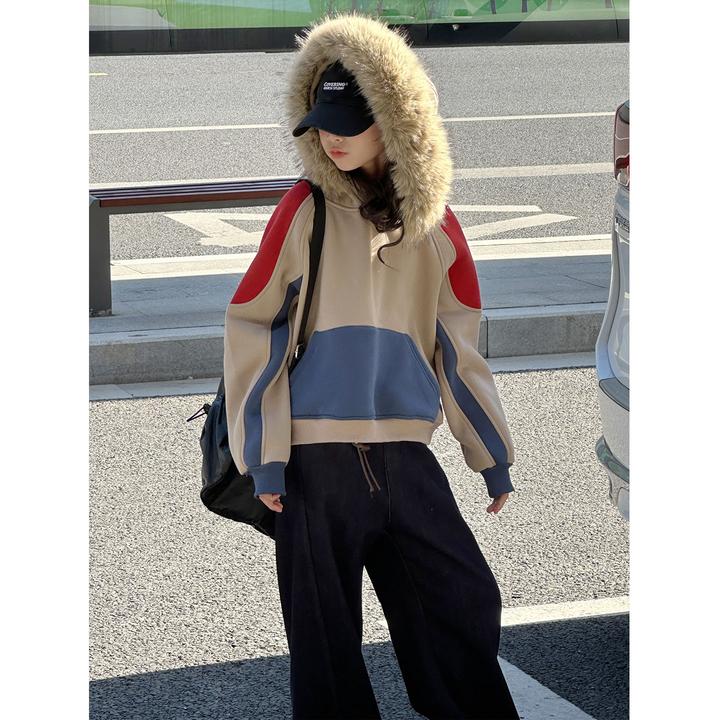 K30430孙小美甜酷撞色大毛领女童加绒卫衣秋冬衣服儿童加厚上衣