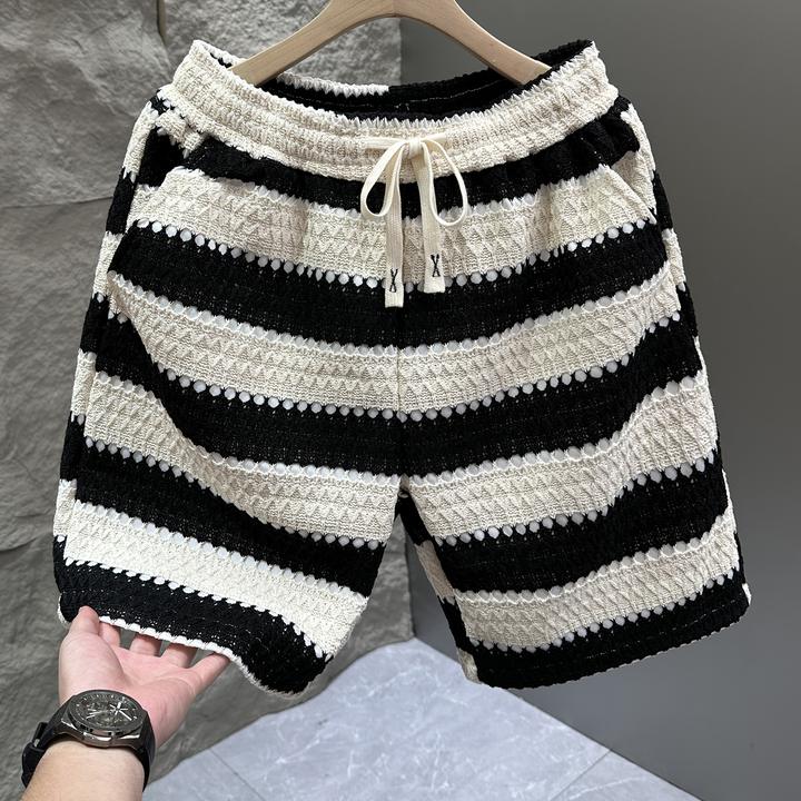 夏季新款美式潮流条纹弹力短裤男宽松直筒休闲五分裤潮牌外穿中裤