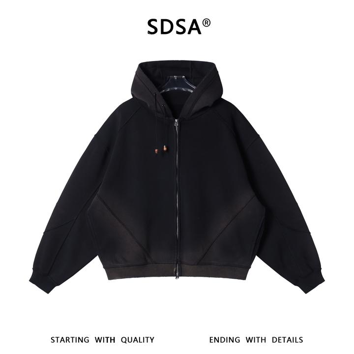 SDSA男士秋冬新款痞帅男装潮牌做旧渐变设计感拉链连帽卫衣百搭
