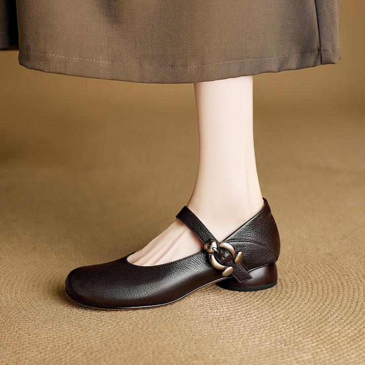 法式复古软牛皮单鞋女浅口2025新款小皮鞋粗低跟一字扣带玛丽珍鞋
