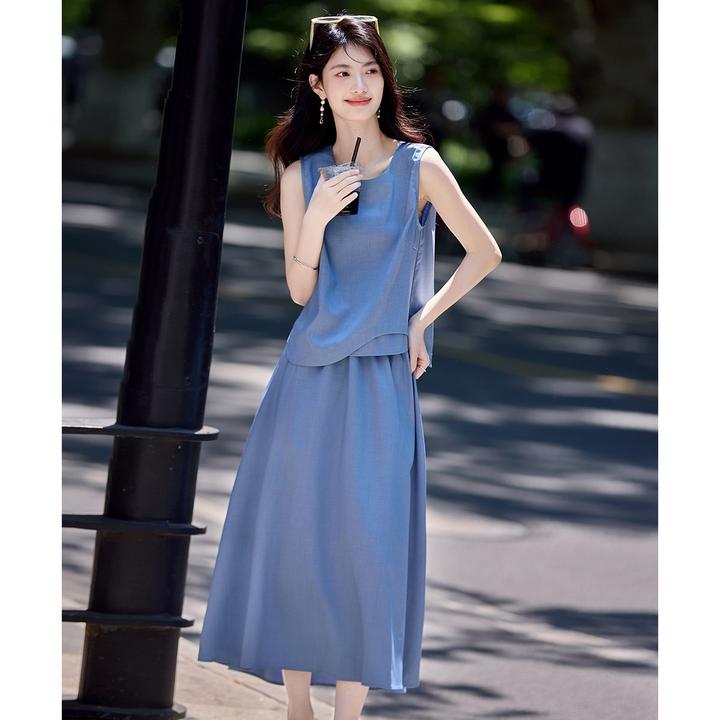 尚静极简风套装裙女2025夏季新款不对称下摆背心高腰半身裙中长裙