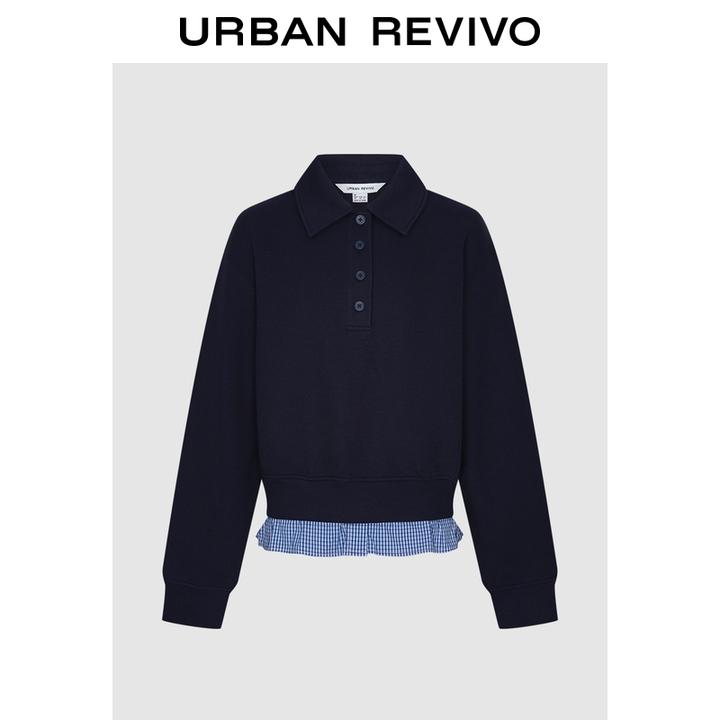 UR2026春季新款女装休闲拼接格纹翻领宽松卫衣UYY450324