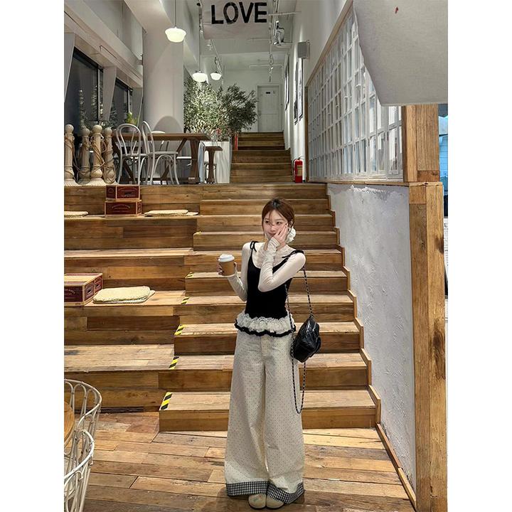 韩系温柔风假两件花边蕾丝吊带上衣女春季休闲波点牛仔长裤两件套