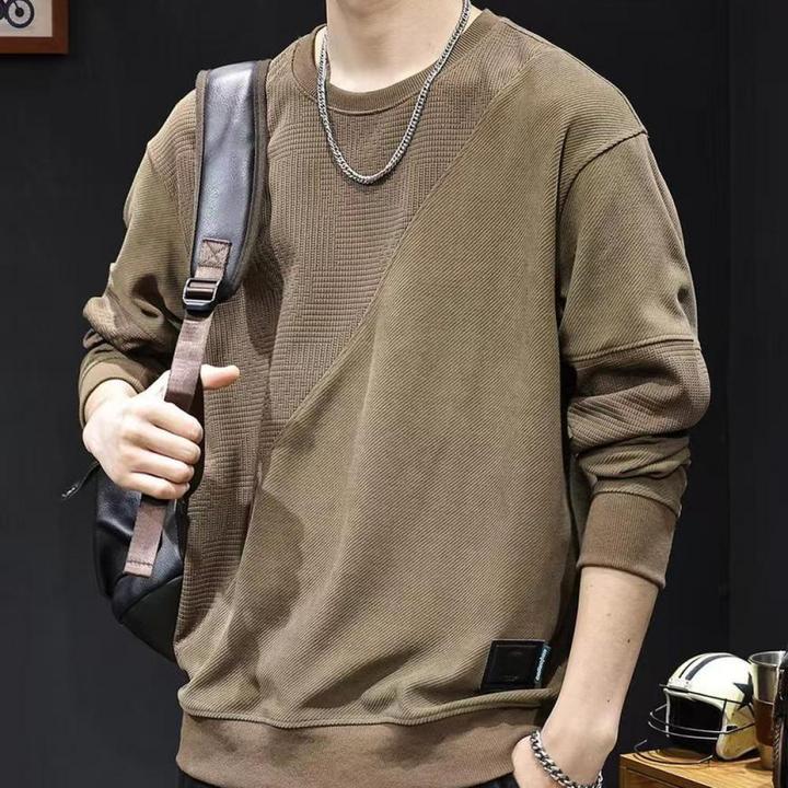 拼接男士卫衣秋冬季男款加绒加厚T恤2025圆领新款宽松百搭上衣