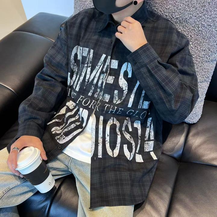 小众个性百搭宽松时尚做旧字母设计感男女同款长袖纯棉透气衬衫