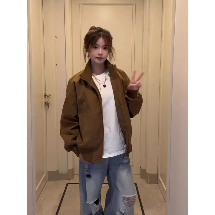 cleanfit美式飞行员夹克男秋季美拉德棕色短款外套工装立领棒球服