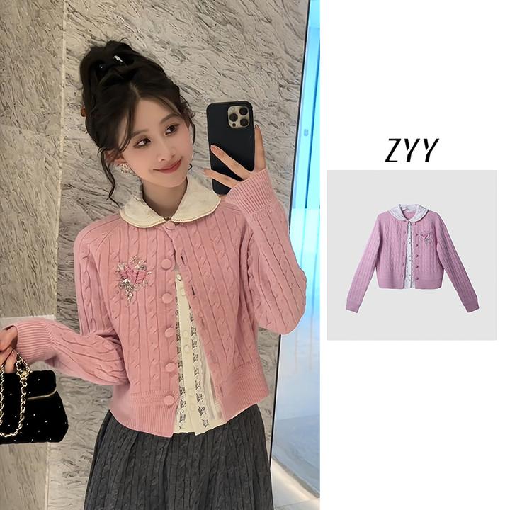 ZYY【桃溪浅酌】2025S/S新款娃娃领重工刺绣真两件毛衣X25DMY05511