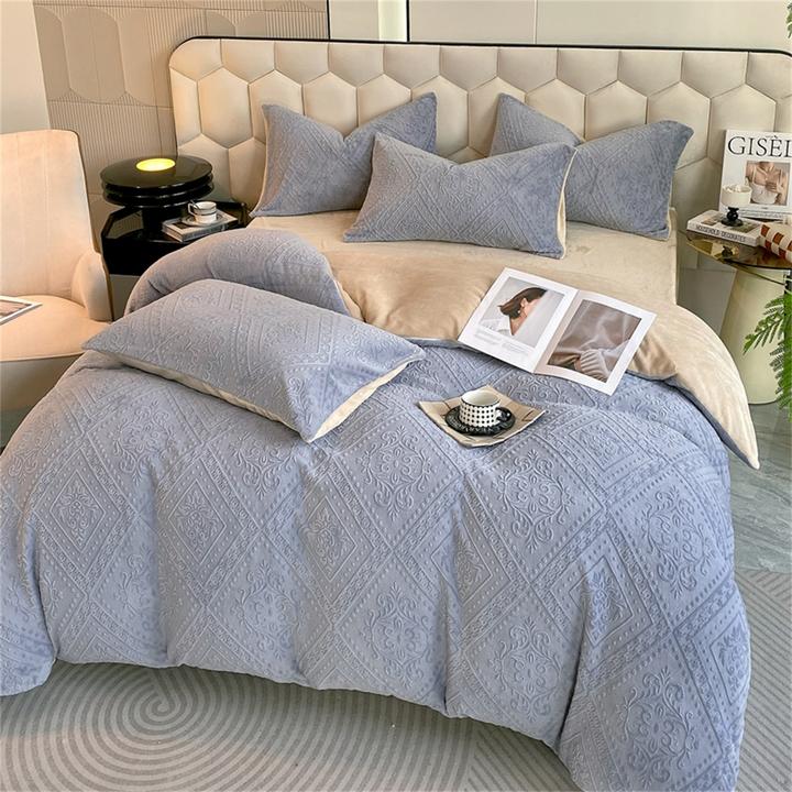 牛奶绒床单四件套保暖床品套件加厚被套花雕绒几何纹理提花被套冬