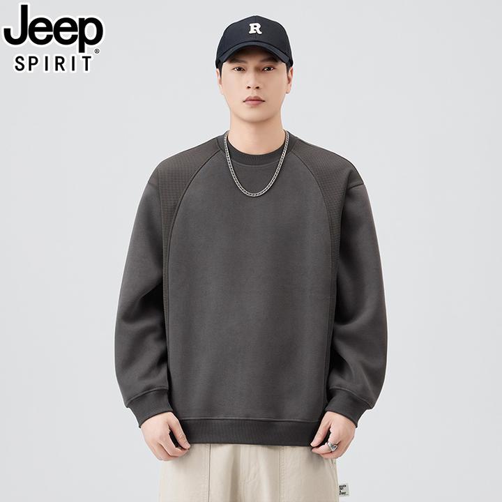 JEEP吉普棉质重磅拼接圆领套头长袖打底T恤卫衣秋季新款休闲宽松