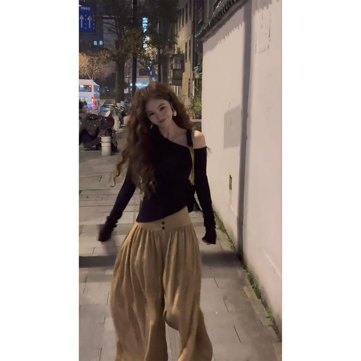 春季斜肩韩系长袖T恤搭配一整套春季韩系大方得体洋气穿搭