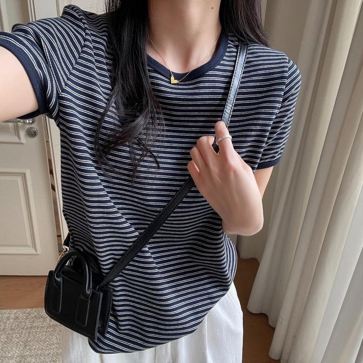 「气质显瘦 藏青条纹」液氨棉短袖T恤女春秋款韩版休闲百搭半袖T119