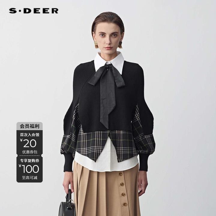 S·DEER圣迪奥拼接格子毛衣秋冬保暖长袖显瘦圆领上衣S23483519