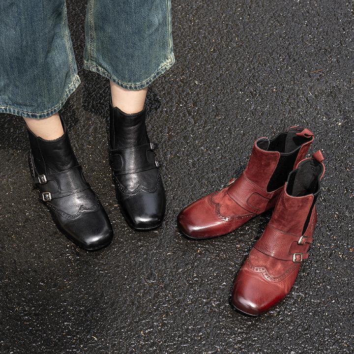 2025年秋冬新款英伦风切尔西靴子女真皮百搭休闲平底布洛克短靴女