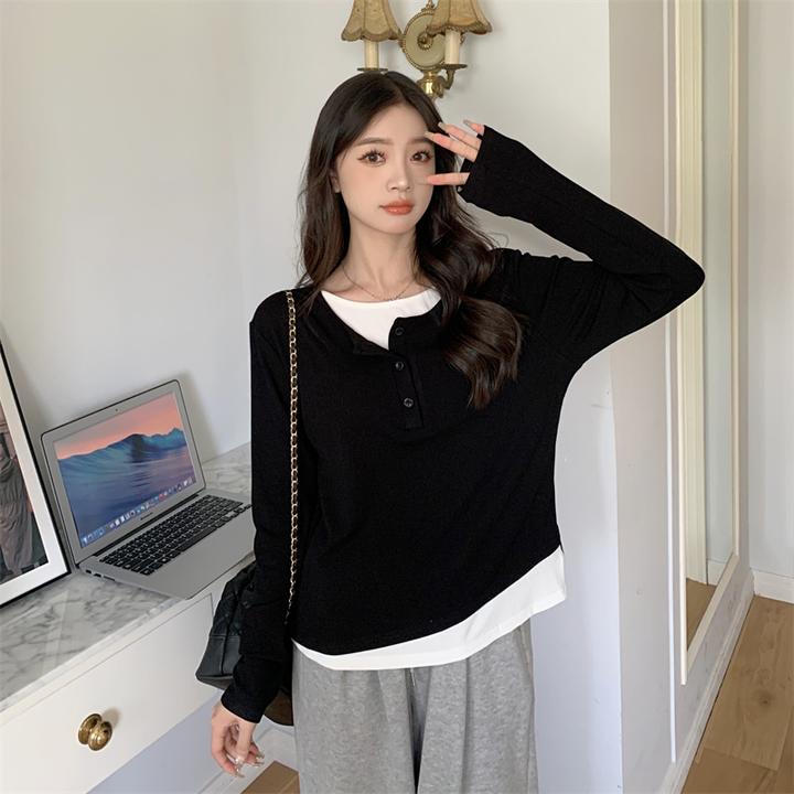 小众蝙蝠衫假两件撞色显瘦长袖黑色灰色宽松爆款上衣至