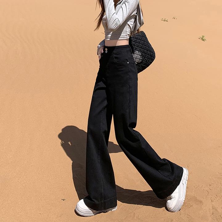 黑色不贴腿阔腿微喇牛仔裤女2025秋季新款高腰宽松显瘦拖地裤子潮