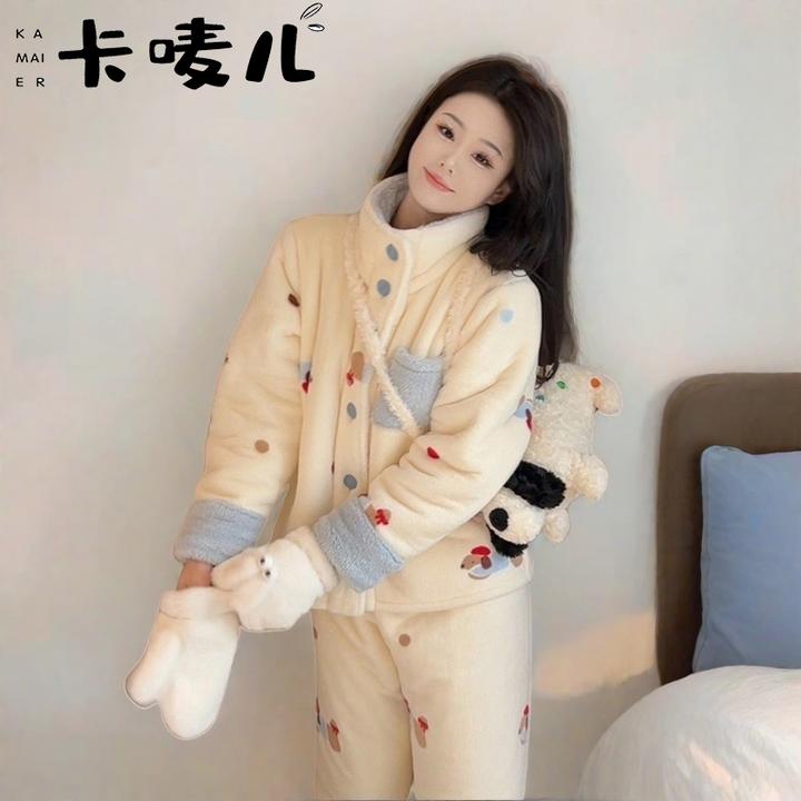 睡衣女冬天女款爆款2025新款加绒加厚简约柔软遛弯保暖家居服套装
