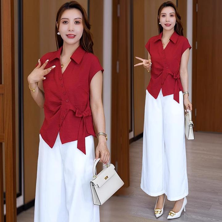 时尚气质套装女夏季新款洋气显瘦绑带不规则衬衫阔腿裤时髦两件套