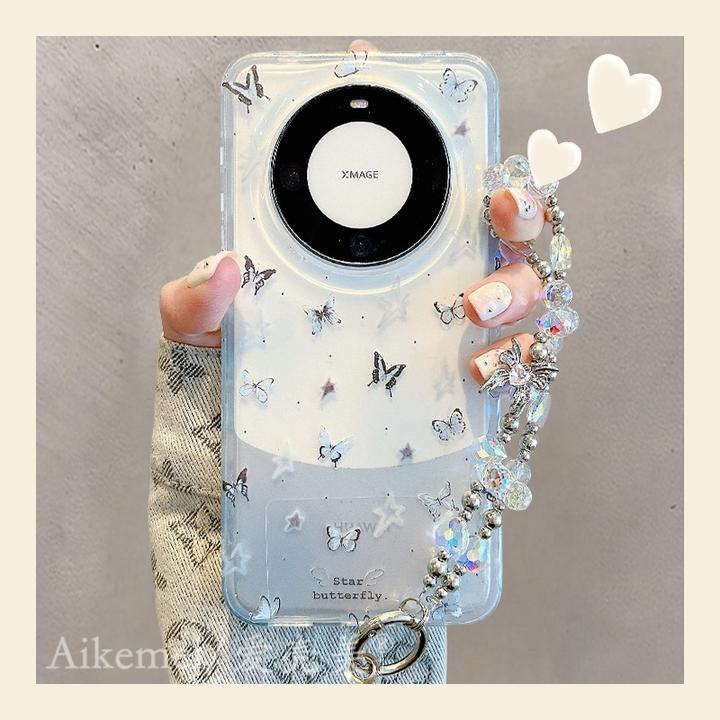 适用华为mate70pro+手机壳小清新晕染mate60pro+透蓝蝴蝶链条男女