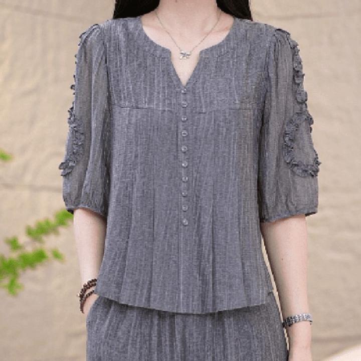 高档时尚洋气套装女夏季新款收腰显瘦减龄妈妈装纯色套装两件套