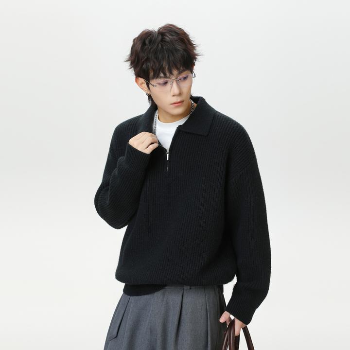 悟空有货复古高级感纯色半拉链POLO领毛衣男秋季宽松情侣针织上衣