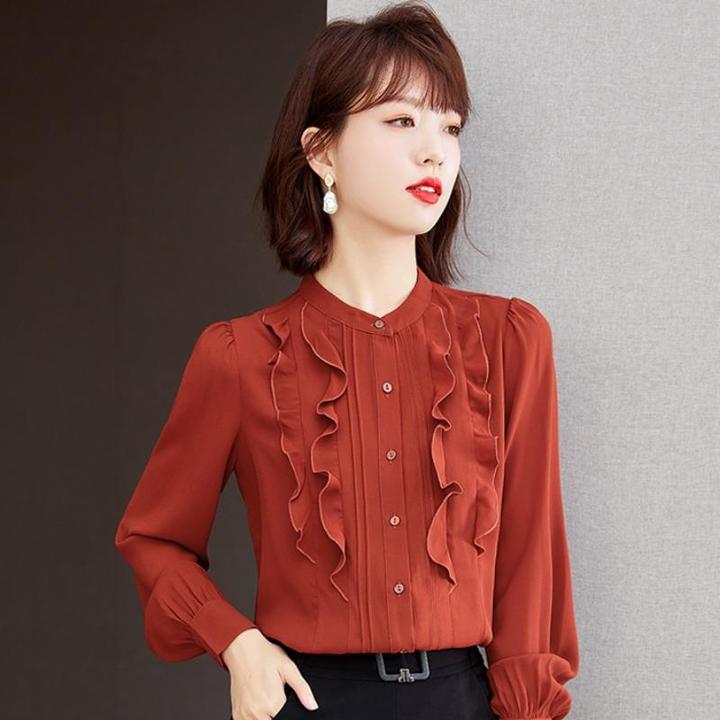 荷叶边雪纺衫女装早春装2025年新款时尚洋气质小衫减龄长袖上衣女