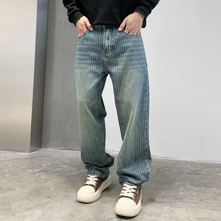 【赤原】复古水洗牛仔裤男秋冬潮牌竖纹高级感直筒宽松休闲条纹裤
