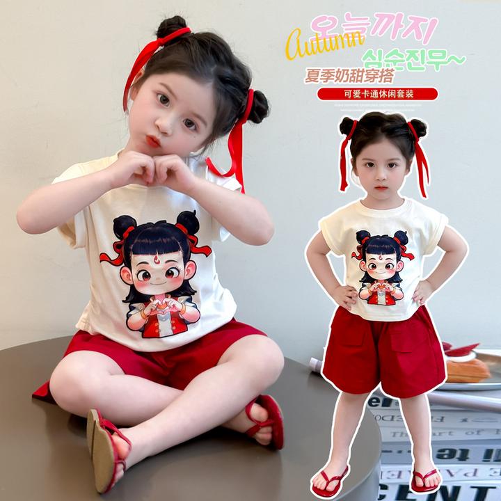 中国风潮牌夏季薄款可爱卡通女童休闲套装韩版短袖舒适女宝两件套