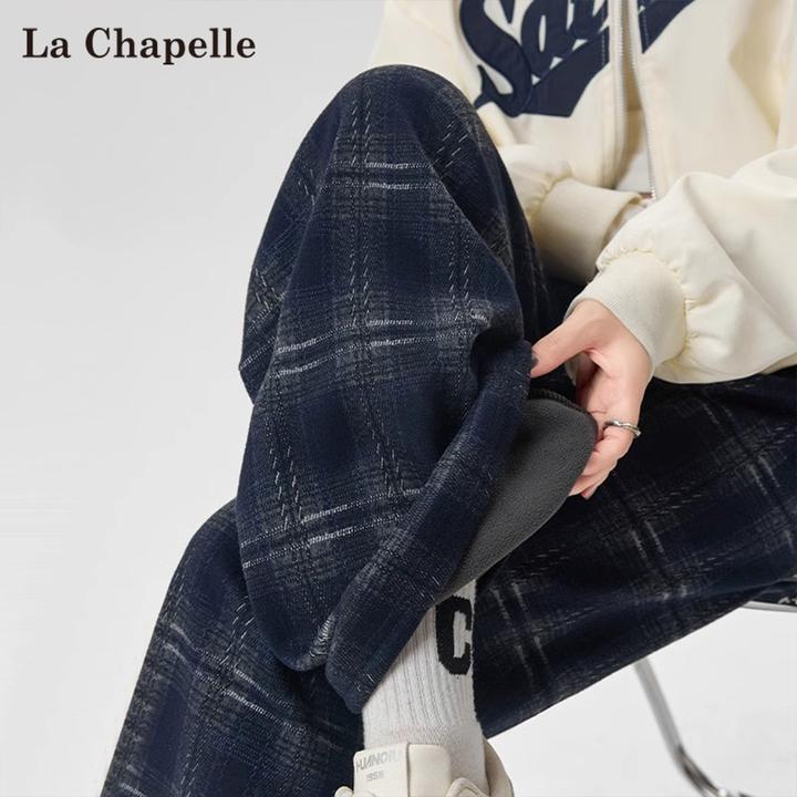 拉夏贝尔藏青色毛呢格子裤女秋冬加绒小个子高腰垂感慵懒风阔腿裤