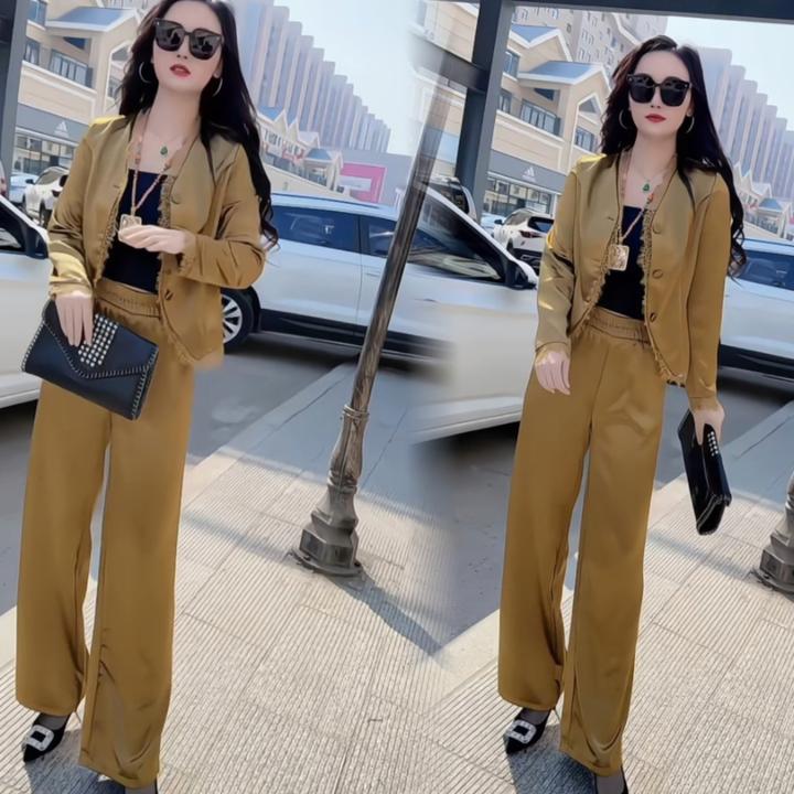 潮流御姐风皮衣外套搭配高腰阔腿裤春季时尚套装