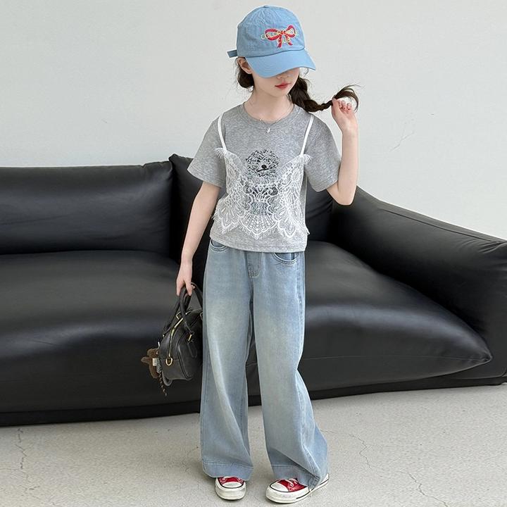 女童洋气短袖夏装套装夏季2025新款T恤中大童休闲牛仔裤两件套潮