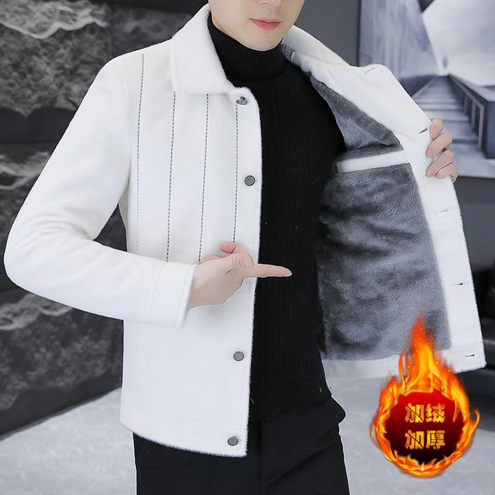 冬季加绒加厚毛呢大衣男高端貂绒呢子夹克男保暖青年短款风衣外套