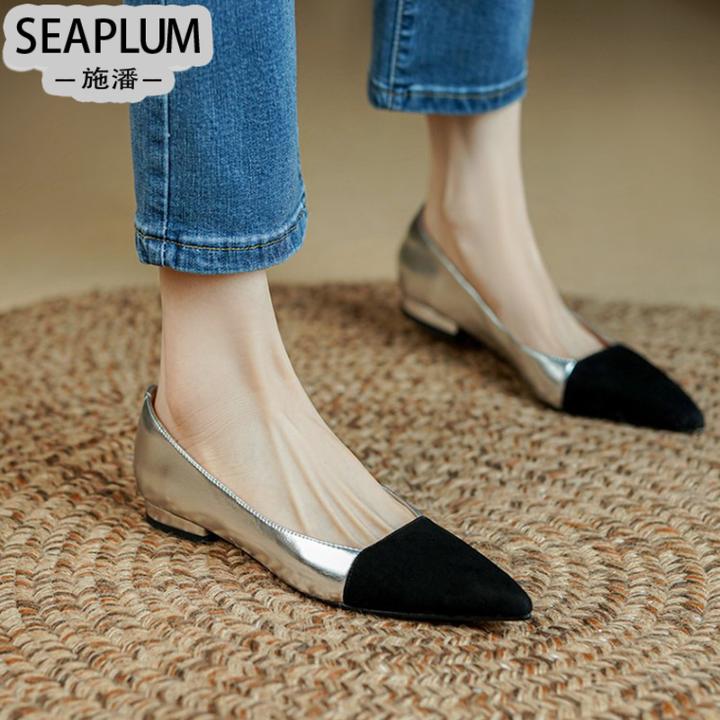 SEAPLUM法式气质小香风低跟拼色高跟单鞋女2025新款百搭简约浅口