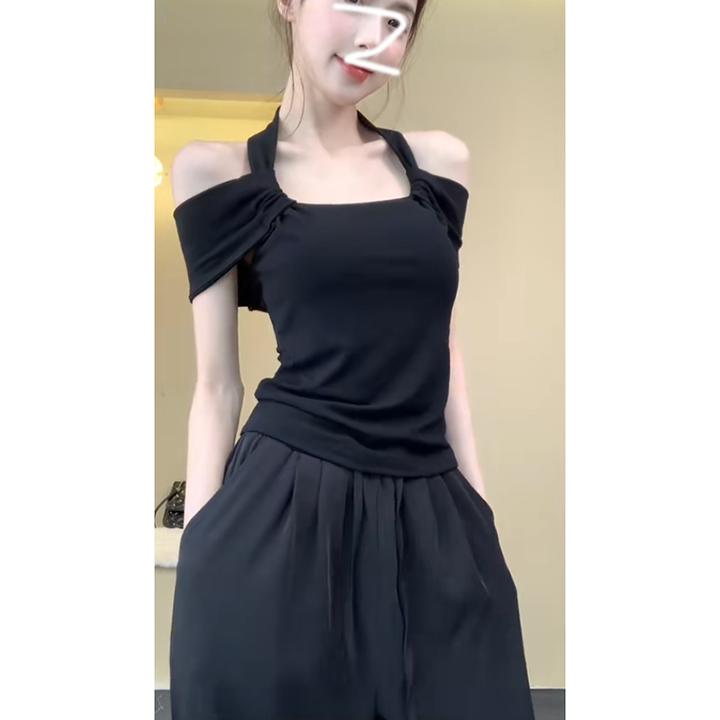 纯欲风露肩黑色短款上衣女辣妹t恤又甜又辣穿搭小衫