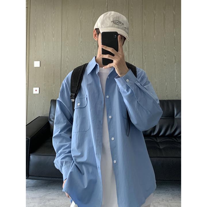 【小王家】秋季ins韩版设计感工装休闲百搭宽松纯色潮流长袖衬衫