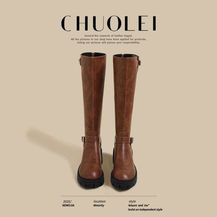 2025秋冬季新款粗跟长筒靴女棕色圆头不过膝高跟显瘦覆古骑士长靴