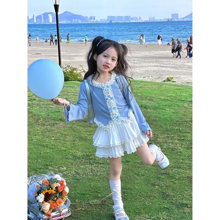 女童套装2025春夏新款洋气小女孩长袖打底衫百褶花边短裙两件套潮