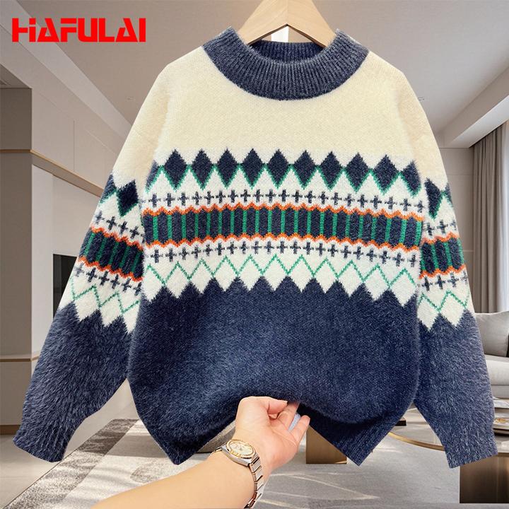 水绒绒2025秋冬中大童圆领格子长袖毛衣针织衫宽松大童男童打底衫