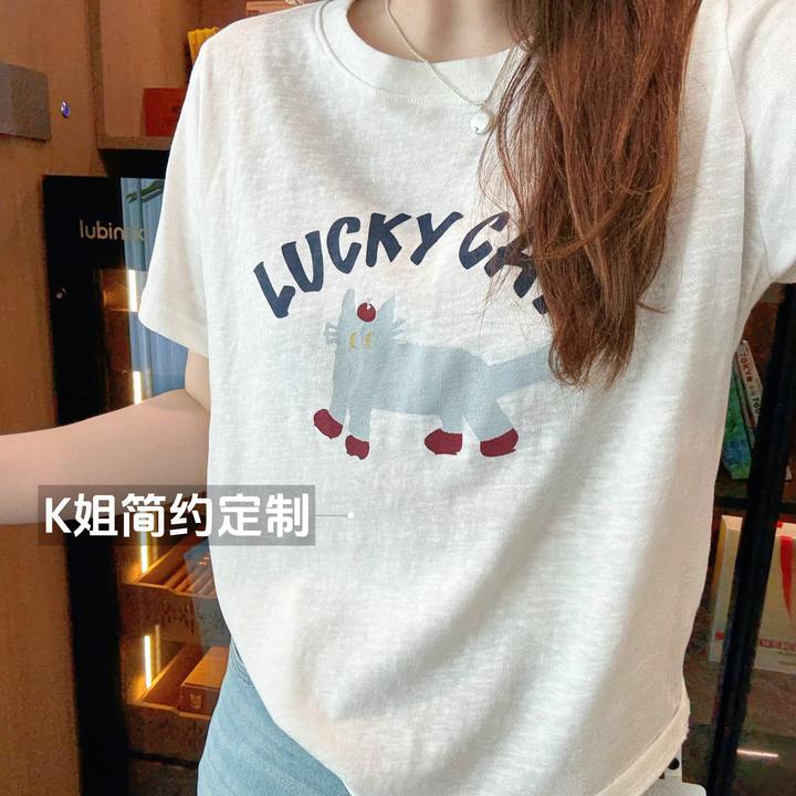 GTNER"KK定制"字母猫咪印花短袖T恤夏季薄款麻感棉宽松上衣D1911