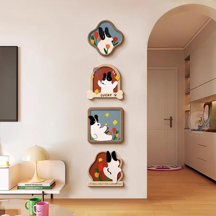 多巴胺入户玄关装饰画趣味卡通小狗走廊过道挂画中古风正对门壁画